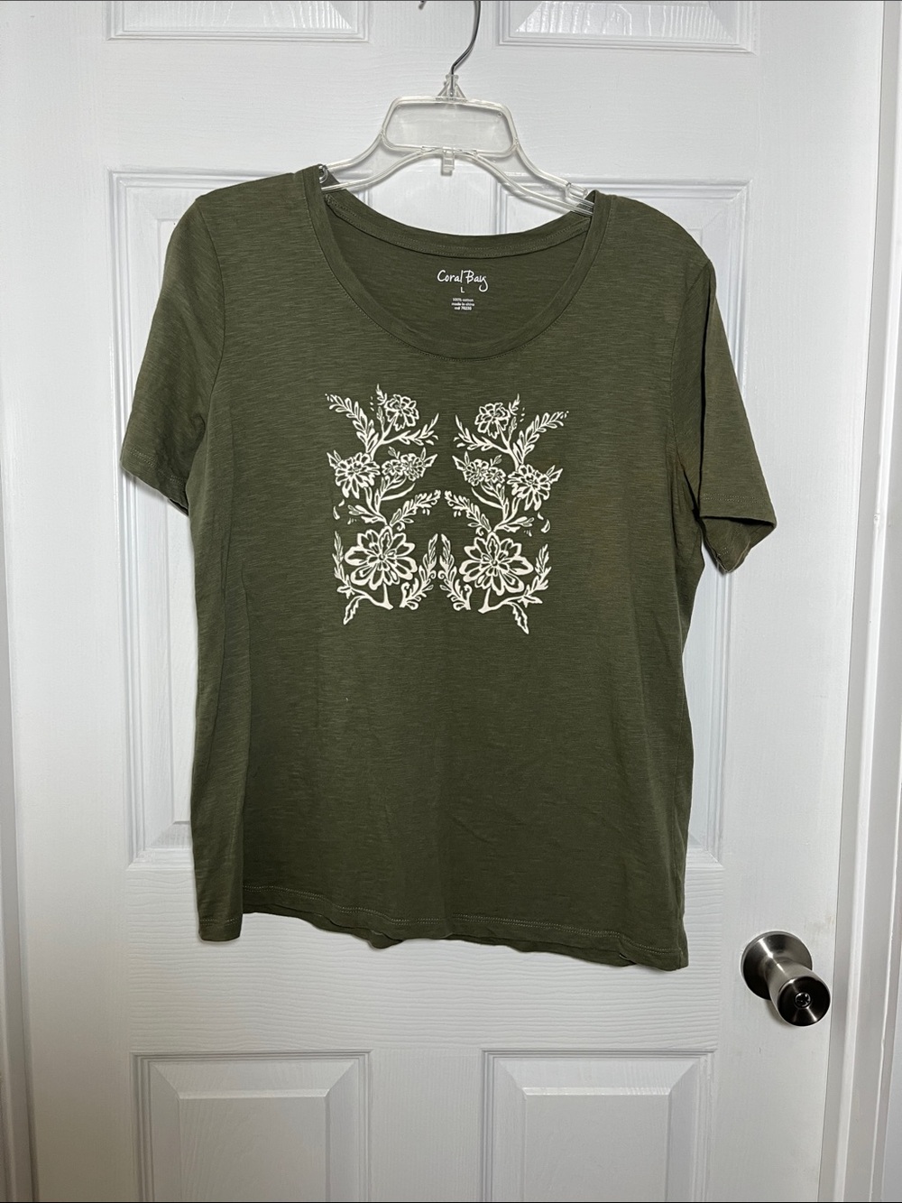 Coral Bay Olive Green Short-Sleeve Tee with White Floral Print